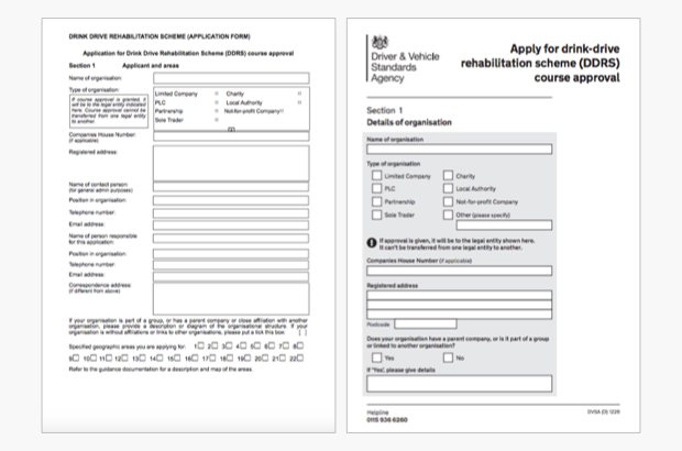 Application form to set up a drink-drive course: before and after