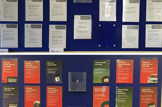 Before and after photo of posters displayed in driving test waiting rooms