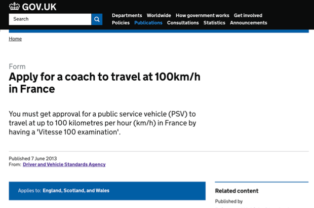 Screenshot of the GOV.UK page to apply for a coach to travel at 100km/h in France