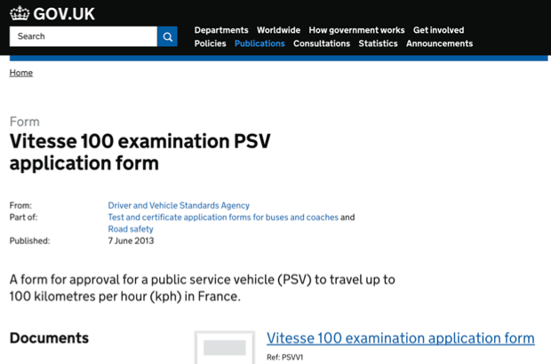 A screenshot of the page on GOV.UK to apply for a coach to travel at up to 100km/h in France, before it was improved