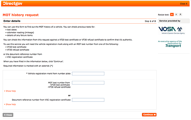 Screenshot of the service to check the MOT history of a vehicle from 2012