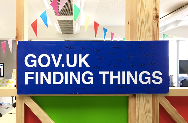Sign in an office saying 'GOV.UK finding things'