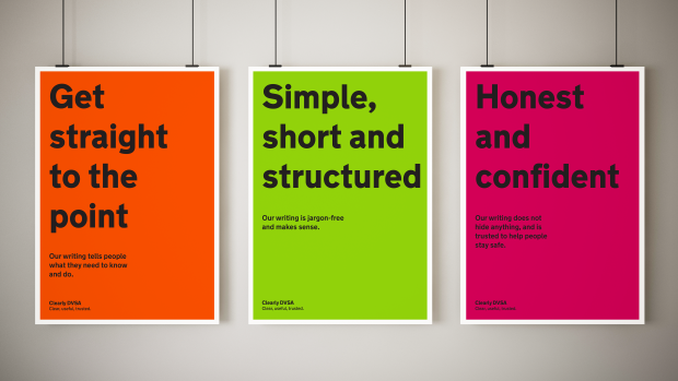 Image of 3 posters showing the principles for our Clearly DVSA campaign to promote better writing